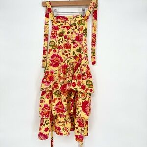 April Cornell Yellow Pink Floral India Print Tiered Ruffle Cotton Apron